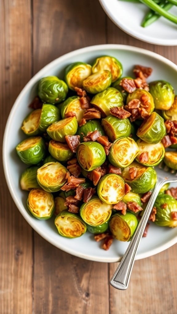 Crispy Brussels sprouts with pancetta on a plate, garnished with balsamic vinegar.